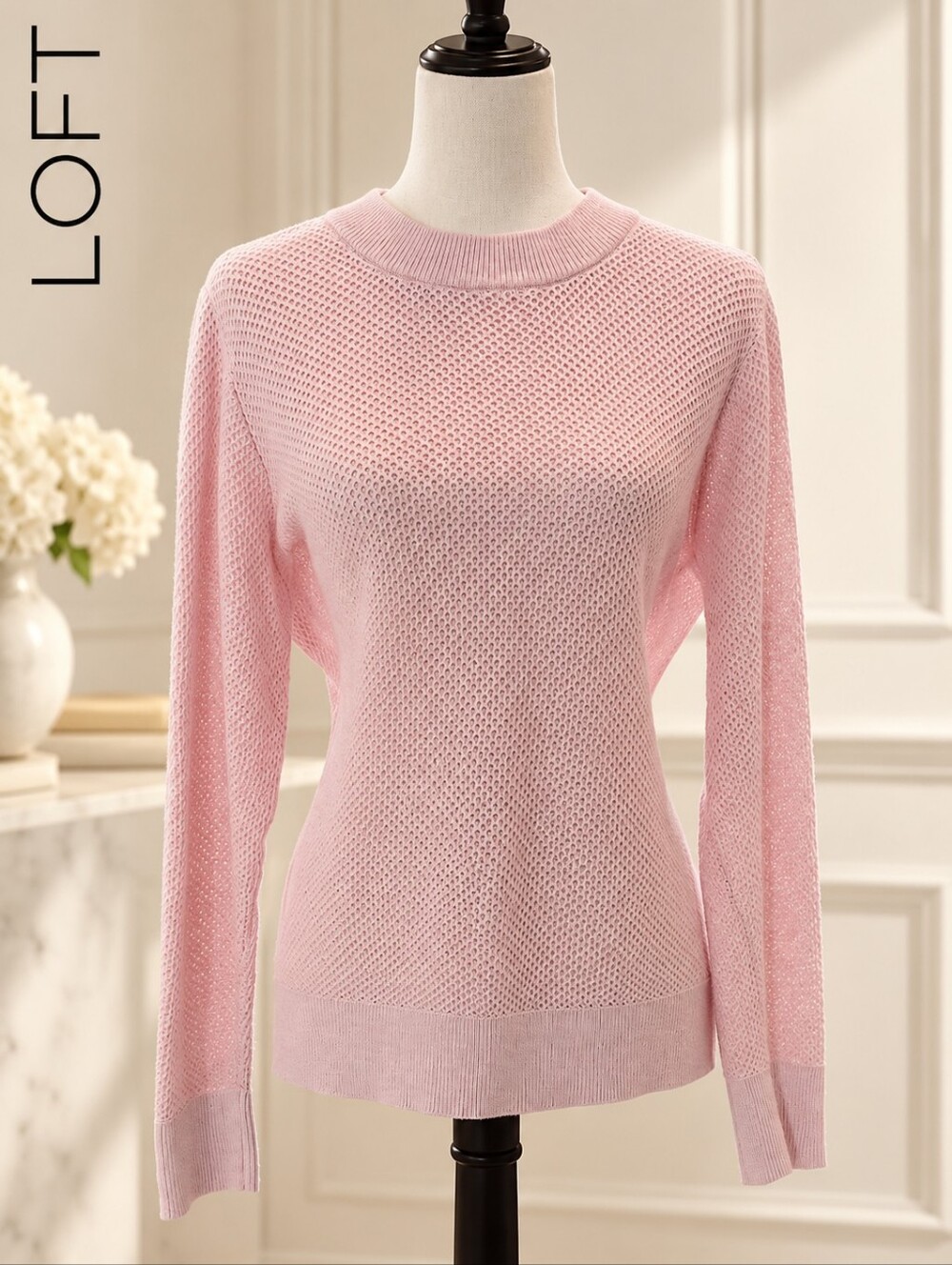 Title: LOFT Blush Pink Open-Knit Cotton Sweater XL | Keyhole Back